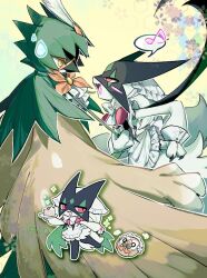apron bird blush body_fur brown_feathers cat chibi chibi_inset decidueye evolutionary_line eye_mask feathers from_side gen_7_pokemon green_fur green_hood hood hood_up maid maid_headdress meowscarada musical_note nintendo owl pokemon pokemon_(creature) rowlet sok_(mr14_c) spoken_musical_note