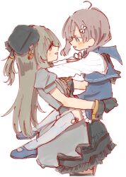 Rule 34 | 2girls, aged down, ahoge, assault lily, beret, black dress, black gloves, black hair, black thighhighs, blue sailor collar, blue shoes, blue skirt, blue vest, blush, brown hair, carrying, carrying person, commentary request, cowboy shot, dress, eye contact, face-to-face, flower, frilled dress, frilled skirt, frills, gloves, green eyes, grey dress, grey thighhighs, hair flower, hair ornament, hands on another&#039;s shoulders, hands up, hat, hat tassel, high-waist skirt, highres, kuo shenlin, layered dress, looking at another, low side ponytail, mary janes, medium hair, multiple girls, neck ribbon, official alternate costume, outstretched arms, parted lips, pink eyes, pink ribbon, profile, puffy short sleeves, puffy sleeves, ribbon, rui rui rui0122, sailor collar, shirt, shoes, short sleeves, side ponytail, simple background, skirt, smile, thighhighs, vest, wang yujia, white background, white flower, white shirt, zettai ryouiki