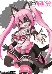 1girl animal_ears beatmania_iidx belt bemani black_fur black_skirt blush breasts cat_ears cat_girl cat_tail commentary_request copyright_name furrification furry furry_female gothic_punk headphones highres large_breasts long_hair mizushiro_celica mizushiro_celica_(punk_cat) necktie official_alternate_costume one_eye_closed open_clothes open_shirt osa0801 pawpads pink_belt pink_eyes pink_hair simple_background skirt smile solo tail twintails very_long_hair whiskers white_background