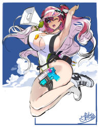1girl armpits ass breasts cap cleavage cleavage_cutout clothing_cutout hat huge_ass huge_breasts long_hair megaphone naruse_mio one-piece_swimsuit one_eye_closed ookuma_nekosuke red_hair shinmai_maou_no_testament shoes sideboob sneakers star_(symbol) sunvisor swimsuit thick_thighs thigh_strap thighs underboob_cutout