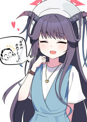 1boy 1girl black_hair blue_archive blue_dress blunt_bangs blush closed_eyes commentary_request demon_horns doodle_sensei_(blue_archive) dress fuuka_(blue_archive) fuuka_(casual)_(blue_archive) halo hat hayoo_ww heart highres horns jewelry long_hair long_sidelocks necklace open_mouth red_halo sensei_(blue_archive) shirt sidelocks simple_background solo_focus spoken_character translation_request watch white_background white_hat white_shirt wristwatch