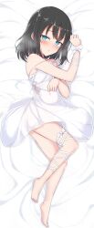 1girl absurdres bare_shoulders barefoot bed_sheet black_hair blue_eyes blush bow dakimakura_(medium) dress feet full_body highres layla_(mino) leg_ribbon looking_at_viewer lying medium_hair nonono_mino on_side original ribbon solo spaghetti_strap strap_slip white_bow white_dress white_ribbon wrist_bow wrist_ribbon