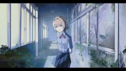 1girl absurdres arms_behind_back black_skirt blonde_hair blue_eyes bow bowtie braid bright_pupils closed_mouth collared_shirt commentary_request cookie_(touhou) cowboy_shot grey_shirt hair_intakes hallway highres indoors kirisame_marisa letterboxed looking_at_viewer meguru_(cookie) noukou_tonkotsu_korokke pleated_skirt red_bow red_bowtie shirt short_hair side_braid single_braid skirt solo thick_eyebrows touhou white_pupils
