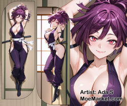 1girl armpits breasts dakimakura_(medium) highres japanese_clothes jigokuraku looking_at_viewer ninja purple_hair red_eyes smile solo sword tatami weapon yuzuriha_(jigokuraku)