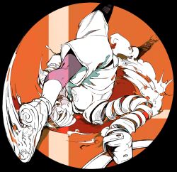 1girl @_@ arms_(game) beanie bob_cut hat kakiyakee_(k_key_5) kicking leggings_under_shorts min_min_(arms) short_hair shorts solo spot_color upside-down
