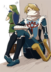 1boy 1girl androgynous bandages blonde_hair braid fairy harp hat hiding hylian_shield instrument link long_hair mask navi ninja nintendo o-yuki ocarina pointy_ears princess_zelda red_eyes reverse_trap scarf sheik shield shield_on_back surcoat the_legend_of_zelda the_legend_of_zelda:_ocarina_of_time
