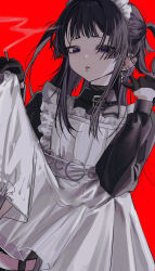 1girl apron apron_hold barbell_piercing bike_shorts black_collar black_eyes black_gloves black_hair blue_eyes choppy_bangs cigarette collar commentary_request cross cross_earrings delinquent dress ear_chain ear_piercing earrings face_piercing frilled_apron frills garter_straps gloves half_gloves half_updo hand_up hands_up highres holding holding_cigarette industrial_piercing jewelry kote1 linked_piercing lip_piercing long_hair long_sleeves looking_at_viewer maid maid_apron maid_headdress multicolored_eyes original parted_lips piercing red_background sanagi_miya short_eyebrows shorts_under_dress sidelocks simple_background skirt_hold smoke smoke_trail solo turtleneck two-tone_eyes two_side_up white_apron