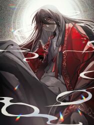 2boys absurdly_long_hair absurdres bandaged_chest bandaged_neck bandages bishounen black_hair black_hanfu black_shoes chinese_clothes coat creature dao_gui_yi_xian dual_persona giant hair_between_eyes hair_bun hair_ribbon hanfu highres ji_zai li_huowang li_sui_(tentacles) long_hair long_sleeves looking_at_another looking_at_viewer low-tied_sidelocks male_focus mini_person miniboy multiple_boys official_alternate_hair_length official_alternate_hairstyle open_clothes open_coat parted_lips red_coat red_eyes red_ribbon ribbon ringed_eyes robe shoes sidelocks single_hair_bun smoke solo_focus tentacles very_long_hair very_long_sleeves wuzi3742