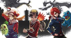 00s 1990s_(style) 1girl 2boys alternate_costume baseball_cap bird black_hair brown_eyes brown_hair chikorita creatures_(company) cyndaquil ethan_(pokemon) game_freak gen_2_pokemon hair_over_one_eye hat ho-oh holding holding_poke_ball honda_yuita legendary_pokemon lugia lyra_(pokemon) multiple_boys nintendo one_eye_closed overalls pagoda pixel_art poke_ball pokemon pokemon_(creature) pokemon_gsc pokemon_hgss red_eyes red_hair retro_artstyle silver_(pokemon) starter_pokemon_trio totodile tower twintails wink