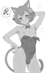 1boy :3 absurdres animal_ears armpits blush bow bulge cat_boy cat_ears cat_tail censored collarbone commentary covered_groin cowboy_shot crossdressing crossdressing_(mtf) detached_collar english_commentary felix_argyle fenqury fishnet_pantyhose fishnets greyscale hair_bow half-closed_eyes highres interlocked_mars_symbols leotard looking_at_viewer male_playboy_bunny mars_symbol monochrome mosaic_censoring nipples pantyhose re:zero_kara_hajimeru_isekai_seikatsu short_hair simple_background smug solo spoken_mars_symbol standing tail trap white_background wrist_cuffs