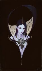 1girl absurdres arcane:_league_of_legends arcane_leblanc black_background black_hair breasts cleavage closed_mouth colored_sclera dress earrings glowing hair_ornament highres jewelry league_of_legends leblanc_(league_of_legends) long_hair lor_baa makeup pale_skin popped_collar simple_background smile solo upper_body yellow_eyes