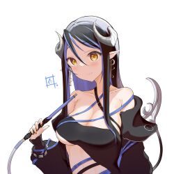 1girl absurdres bandeau belt black_bandeau black_belt black_hair black_jacket blue_belt blue_hair blush breasts chest_belt cleavage closed_mouth collarbone commentary_request curled_horns demon_girl demon_horns grey_horns hair_between_eyes hebiyoi_tier hebiyoi_tier_(1st_costume) highres holding hookah horns jacket large_breasts long_bangs long_hair long_sleeves looking_at_viewer multicolored_hair nanashi_inc. off_shoulder open_clothes open_jacket pointy_ears shiroi_toko sidelocks simple_background smile snake_bite solo two-tone_hair upper_body virtual_youtuber white_background yellow_eyes