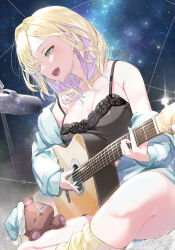 1girl absurdres black_camisole blonde_hair blue_sweater camisole colored_inner_hair commentary fang green_eyes guitar highres holding holding_guitar holding_instrument instrument iris_black_games kurumi_noah kurumi_noah_(6th_costume) lace-trimmed_camisole lace_trim lens_flare microphone multicolored_hair music oa_(or_12o) off-shoulder_sweater off_shoulder open_mouth playing_guitar playing_instrument purple_hair sky solo star_(sky) starry_sky stuffed_animal stuffed_toy sweater teddy_bear virtual_youtuber vspo!