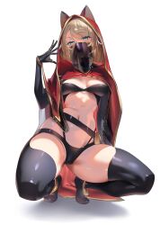 1girl absurdres animal_ear_hood anklet aqua_eyes belt black_gloves black_thighhighs blonde_hair blunt_ends borrowed_character breasts breasts_apart cameltoe clothing_request crop_top fake_animal_ears gloves highres hood jewelry looking_at_viewer medium_breasts mouth_veil navel original outstretched_hand panty_straps paulluxh red_shawl ring second-party_source shawl short_hair simple_background solo spread_legs squatting stomach swept_bangs thighhighs veil white_background