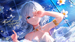 1girl alisa_(osu!) armpits bare_shoulders blue_background blue_eyes breasts cleavage closed_mouth commentary dress english_commentary english_text flower grey_hair hair_between_eyes hand_over_eye highres looking_at_viewer medium_breasts one_eye_closed osu! redcxca sleeveless sleeveless_dress smile solo song_name split_mouth upper_body white_dress white_flower