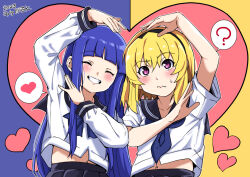 2girls ? black_skirt blonde_hair blue_background blue_hair blue_scarf blush closed_eyes closed_mouth confused frown furude_rika heart heart_arms_duo heart_background higurashi_no_naku_koro_ni higurashi_no_naku_koro_ni_gou houjou_satoko multiple_girls onuma_kuma open_mouth purple_eyes scarf school_uniform shirt skirt smile spoken_heart st._lucia_academy_school_uniform sweatdrop two-tone_background white_shirt yellow_background yuri