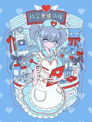 1girl angel_wings apron bandaid bandaid_on_arm blue_background blue_dress blue_eyes blunt_bangs bow clipboard dotted_line dress first_aid_kit frilled_apron frilled_dress frills grey_bow grey_hair hair_between_eyes hat highres holding holding_clipboard holding_pen iv_stand looking_at_viewer maid maid_apron nakazawa_ayami nurse_cap original pen pill red_bow short_twintails stuffed_animal stuffed_toy teddy_bear test_tube twintails wings