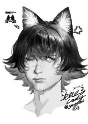 1girl anger_vein animal_ears artist_name black_hair cat_ears character_name copyright_name dated devil_may_cry_(series) greyscale highres kemonomimi_mode lady_(devil_may_cry) monochrome one_eye_closed scar scar_on_face scar_on_nose short_hair simple_background white_background yingyuzi010523