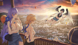 3girls abby_(wuthering_waves) absurdres against_railing alternate_costume arm_under_breasts back balloon bare_shoulders belt black_hair blonde_hair blue_eyes blue_flower blue_skirt breasts cantarella_(wuthering_waves) cartethyia_(wuthering_waves) cleavage closed_eyes collarbone commentary crown_of_thorns denim denim_shorts earrings english_commentary female_rover_(wuthering_waves) flower flying hair_flower hair_ornament hand_up highres jewelry large_breasts long_hair midriff multiple_girls outdoors pointy_ears purple_hair railing rover_(wuthering_waves) shirt shoes shorts skirt smile thigh_belt thigh_strap toroe02 waving white_shirt white_shoes wuthering_waves yellow_eyes