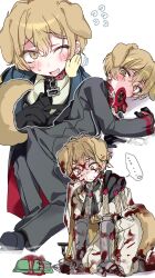 ... 3boys absurdres all_fours animal_collar animal_ears armor black_coat black_gloves blonde_hair blood blood_on_clothes blood_on_face blush bowl chain chain_leash chibi close-up coat collar collared_shirt dante_(limbus_company) dog_ears dog_tail gloves highres leash limbus_company looking_at_viewer lying male_focus manic_rabbits multiple_boys n_corp._fanatic_(identity)_(project_moon) necktie on_side one_eye_closed pants pet_bowl project_moon shirt simple_background sinclair_(project_moon) speech_bubble tail white_pants white_shirt wide-eyed yellow_eyes zwei_association_south_uniform