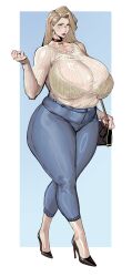1girl bag black_footwear blonde_hair blue_eyes blue_pants blush bra bra_visible_through_clothes breasts choker collarbone curvy denim earrings full_body gigantic_breasts glasses handbag high_heels highres jeans jewelry lipstick long_hair lukk36651907 makeup mature_female mole original pants see-through_clothes solo standing sweater thick_thighs thighs tight_clothes underwear