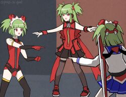 3girls beatmania_iidx bemani black_skirt black_thighhighs blue_skirt blunt_bangs bombergirl busou_shinki commentary_request full_body gloves green_hair highres hishimiya_tsugaru leotard long_hair looking_at_another maid_headdress meme multiple_girls multiple_persona open_mouth pleated_skirt pointing pointing_spider-man_(meme) prop_is_god red_eyes red_gloves red_leotard red_shirt shirt short_hair skirt sleeveless sleeveless_shirt standing thighhighs two_side_up