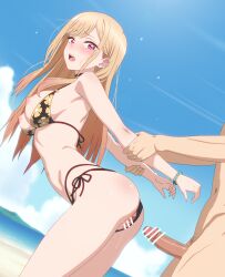 Rule 34 | 1boy, 1girl, akinoya, bar censor, barbell piercing, bare shoulders, bead bracelet, beads, bikini, black choker, blonde hair, blue sky, blush, bracelet, breasts, censored, choker, clothing aside, cloud, cloudy sky, day, ear piercing, earrings, floral print bikini, grabbing another&#039;s arm, gyaru, highres, imminent penetration, industrial piercing, jewelry, kitagawa marin, large breasts, long hair, multicolored hair, nipples, open mouth, outdoors, penis, piercing, pink eyes, pink hair, pussy, sky, sono bisque doll wa koi wo suru, swimsuit, two-tone hair