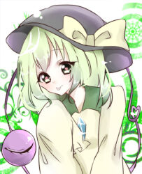 1girl black_hat blouse bow collared_shirt green_background green_hair hat hat_bow head_tilt heart heart_of_string koishi_day komeiji_koishi long_sleeves looking_at_viewer medium_hair noah_(4594586) shirt simple_background sleeves_past_fingers sleeves_past_wrists solo third_eye tongue tongue_out touhou upper_body white_background yellow_bow yellow_shirt