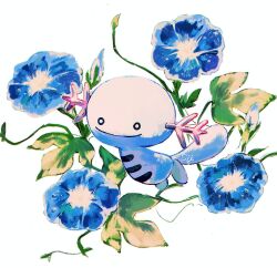 animal_focus artist_name axolotl blue_flower blue_skin closed_mouth colored_skin flower gen_2_pokemon highres nintendo no_humans pokemon pokemon_(creature) simple_background smile su_(sajo_su5) tail white_background wooper