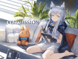 Rule 34 | 1girl, animal ears, arknights, barefoot, black cape, black gloves, cape, cat ears, cat girl, closed mouth, commentary request, commission, couch, dress, gloves, green eyes, grey hair, highres, holding, holding tablet pc, hood, hood down, hooded cape, indoors, infection monitor (arknights), meinoss, on couch, rosmontis (arknights), solo, stuffed animal, stuffed rabbit, stuffed toy, tablet pc, thick eyelashes, white dress