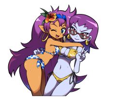 2girls absurdres ahoge alternate_costume ass bikini blue_eyes breast_press breasts cleavage cleavage_cutout clothing_cutout colored_skin dark-skinned_female dark_skin earrings eyepatch_bikini feet_out_of_frame flower flower_on_head glasses highres hug jewelry large_breasts leaf_print lips long_hair medium_breasts multiple_girls navel niyuyu00 one_eye_closed open_mouth plant_print pointy_ears purple_hair purple_skin red_eyes risky_boots shantae shantae_(series) short_hair smile sunglasses sweat sweatdrop swimsuit v very_long_hair waist_grab white_background yellow_bikini