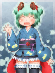 1girl :d alternate_costume alternate_hairstyle antennae black_sash black_thighhighs blue_kimono blush bow bug closed_eyes commentary_request cowboy_shot frilled_kimono frills green_hair hair_bow highres insect japanese_clothes kimono ladybug matty_(zuwzi) obi obijime open_mouth purple_ribbon red_bow ribbon ribbon-trimmed_thighhighs ribbon_trim sash short_hair short_kimono smile solo thighhighs touhou two_side_up waving wriggle_nightbug yukata