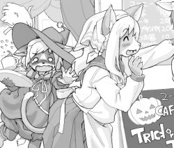 2girls animal_hands apron body_fur cat_girl claws cowboy_shot fangs furry furry_female greyscale halloween hat headscarf holding holding_tray jack-o&#039;-lantern kikurage_(crayon_arts) long_hair monochrome multiple_girls original school_uniform serafuku tail tray witch witch_hat
