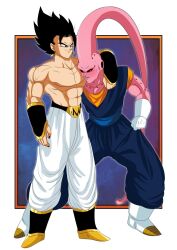2boys abs black_hair black_nails black_sclera blue_dougi blush colored_sclera colored_skin cosplay costume_switch dougi dragon_ball dragonball_z earrings full_body gloves jewelry looking_at_another majin_buu majinbuusama male_focus multiple_boys muscular muscular_male nipples orange_dougi pectorals pink_skin potara_earrings red_eyes smile spiked_hair super_buu sweatdrop topless_male vegetto white_gloves yaoi