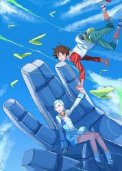 1boy 1girl aqua_hair blue_sky brown_hair commentary_request creature dress eureka_(eureka_seven) eureka_seven eureka_seven_(series) floating highres holding_hands interlocked_fingers mecha open_mouth purple_eyes renton_thurston robot rueisi_(namezari) short_hair sky smile