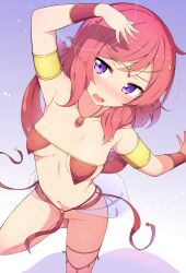 1girl absurdres arm_up armlet blush breast_curtains breasts circlet commentary commission covered_erect_nipples dancer dancing from_above gradient_background groin harem_outfit highres jewelry looking_at_viewer love_live! love_live!_school_idol_project navel necklace nishikino_maki open_mouth pelvic_curtain pixiv_commission purple_background purple_eyes red_hair revealing_clothes see-through_clothes see-through_skirt skirt small_breasts solo stomach thighlet thighs twin-7646