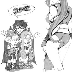Rule 34 | 1boy, 3girls, ?, ass, bayonetta, bayonetta (series), bayonetta 2, bike shorts, borrowed character, breasts, covering another&#039;s eyes, crossover, fatal fury, glasses, gun, head out of frame, iinkling girl, inkling, inkling boy, inkling player character, legs, lips, long hair, monochrome, multiple girls, namuro, nintendo, ponytail, shiranui mai, short hair, shorts, snk, snk heroines: tag team frenzy, splatoon (series), splattershot (splatoon), super smash bros., tentacle hair, thighs, weapon, witch