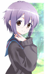 Rule 34 | 1girl, anime coloring, artist name, blue sailor collar, blush, brown cardigan, cardigan, closed mouth, commentary request, glasses, kita high school uniform, kuuma25 kuma, long sleeves, looking at viewer, looking to the side, nagato yuki, nagato yuki-chan no shoushitsu, official style, purple hair, sailor collar, school uniform, serafuku, short hair, smile, solo, suzumiya haruhi no shoushitsu, suzumiya haruhi no yuuutsu, twitter username, watermark