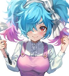 1girl absurdres apron blue_hair breasts fire_emblem fire_emblem_fates gradient_hair hair_over_one_eye highres holding holding_ladle jurge ladle large_breasts looking_at_viewer multicolored_hair nintendo peri_(fire_emblem) pink_apron pink_hair red_eyes twintails