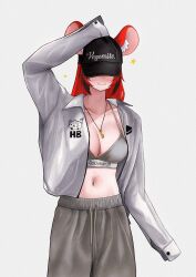 1girl animal_ears baseball_cap black_hair black_hat bra breasts grey_background grey_bra grey_jacket grey_pants hakos_baelz hat highres hololive hololive_english jacket jewelry key key_necklace large_breasts mouse_ears mouse_girl multicolored_hair navel necklace pants red_hair simple_background smile solo sparkle streaked_hair sweatpants underwear unmeidesu virtual_youtuber