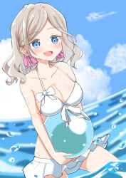 Rule 34 | 1girl, :d, absurdres, alternate costume, ball, bikini, bikini day, bikini skirt, blue eyes, blue sky, breasts, ceras yanagida lilienfeld, cleavage, cloud, collarbone, commentary, corocoro567, cowboy shot, day, frilled skirt, frills, grey hair, hair ribbon, highres, holding, holding ball, large breasts, link! like! love live!, love live!, medium hair, ocean, open mouth, outdoors, pink ribbon, ribbon, skirt, sky, smile, solo, string bikini, swimsuit, virtual youtuber, white bikini