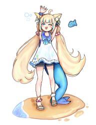 1girl 1other 2025 ahoge animal_ears armpits bike_shorts blonde_hair blue_nails blue_toenails cat_ears dress fins fish fish_tail highres indie_virtual_youtuber loli sameko_saba sandals shark_girl shark_tail standing tail twintails white_background white_dress zoeyizume