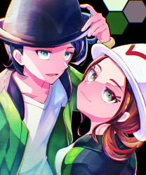 Rule 34 | 1boy, 1girl, :3, black hair, black hat, black jacket, closed mouth, eyelashes, green eyes, green jacket, harmony (pokemon), hat, highres, jacket, looking at viewer, nintendo, open mouth, paxton (pokemon), pokemon, pokemon legends: z-a, ric, shirt, short hair, white hat, white shirt