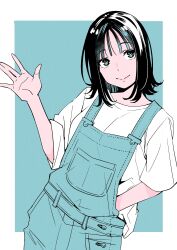 1girl aqua_background aqua_eyes aqua_overalls black_hair border closed_mouth commentary hand_in_pocket highres kitahara_aoba limited_palette looking_at_viewer medium_hair outside_border overalls sawaranaide_kotesashi-kun shinjou_takuya shirt short_sleeves simple_background smile solo upper_body waving white_border white_shirt wispy_bangs