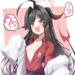 ...? 1girl :d ? ?? ahoge black_hair blue_archive blush breasts brown_eyes collarbone collared_shirt commentary_request demon_girl demon_horns demon_tail dress_shirt flying_sweatdrops hair_intakes halo highres horns kasumi_(blue_archive) lab_coat long_hair long_sleeves looking_at_viewer no_bra off_shoulder open_clothes open_mouth parted_bangs pink_background purple_shorts red_shirt shirt shorts sleeves_past_fingers sleeves_past_wrists small_breasts smile solo spoken_question_mark sweat tail two-tone_background very_long_hair watarui white_background