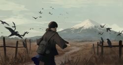 1girl backpack bag bird black_hair black_jacket blue_skirt blue_sky cloud cloudy_sky cowboy_shot crow day dirt_road facing_away fence from_behind grass highres hill jacket landscape long_hair long_sleeves low_ponytail meinoss mountain mountainous_horizon nature original outdoors outstretched_arms ponytail road short_ponytail simple_bird skirt sky solo walking