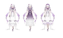 1girl absurdres alternate_costume beret book castorice_(honkai:_star_rail) dress glasses hashtag-only_commentary hat highres holding holding_book honkai:_star_rail honkai_(series) kanoko_lu long_hair multiple_views official_alternate_costume pink_hair purple_dress purple_eyes shoes simple_background white_background white_dress white_shoes