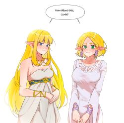Rule 34 | 2girls, absurdres, bare shoulders, big egg526, blonde hair, blue eyes, blush, bracelet, breasts, cosplay, costume switch, dress, dual persona, english text, green eyes, highres, jewelry, long hair, medium breasts, multiple girls, necklace, nintendo, own hands together, pointy ears, princess zelda, self cosplay, shared speech bubble, short hair, simple background, speech bubble, strapless, strapless dress, sweatdrop, the legend of zelda, the legend of zelda: breath of the wild, the legend of zelda: skyward sword, the legend of zelda: tears of the kingdom, white dress