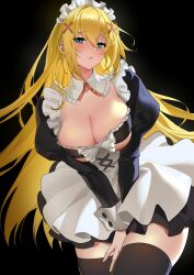 1girl apron between_legs black_bag black_dress black_thighhighs blonde_hair blue_eyes blush breasts cleavage cowboy_shot darkness_(konosuba) detached_collar dress frills hand_between_legs hashtag-only_commentary highres juliet_sleeves kono_subarashii_sekai_ni_shukufuku_wo! large_breasts long_hair long_sleeves maid maid_apron maid_headdress parted_lips puffy_sleeves serpent_(pepepp39) simple_background solo thighhighs underboob very_long_hair