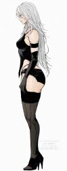 1girl a2_(nier:automata) android ass bare_shoulders black_gloves blue_eyes breasts elbow_gloves gloves high_heels highres huge_ass joints long_hair medium_breasts mole mole_under_mouth nier:automata nier_(series) nishiii26miii robot_joints shorts solo thighhighs white_hair